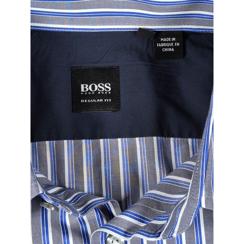 Hugo Boss Mens Regular Fit Striped Button Down Shirt Blue Wht Grey XL Long Slve - Picture 2 of 11